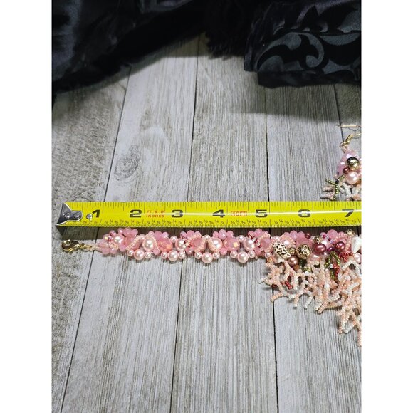 Crafted Gemstone Coral inspired Beaded Waterfall Pink Cream Necklace Earring Set - Picture 9 of 13